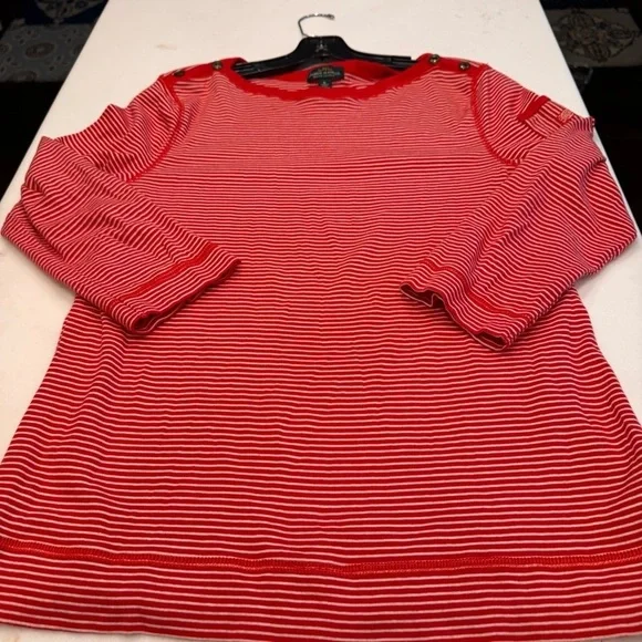 Lauren Ralph Lauren Top Boat Neck w/ buttons Red/white Stripes Logo Pocket XL - Picture 8 of 10